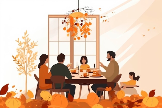 Ilustración de dibujos animados de la familia celebra en Acción de Gracias