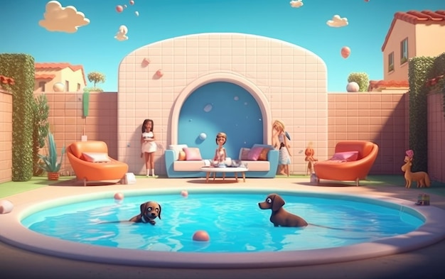 Una ilustración de dibujos animados de una familia nadando en una piscina.