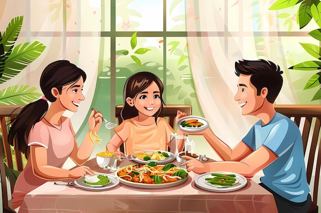 una ilustración de dibujos animados de una familia teniendo una comida familia teniendo cena en casa