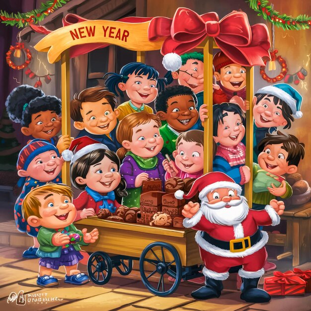 una ilustración de dibujos animados de un feliz año nuevo