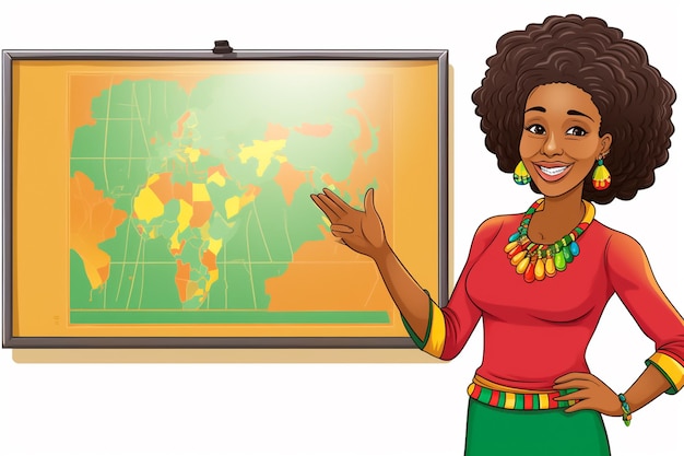 Ilustración de dibujos animados de una feliz maestra africana junto a la pizarra en un aula