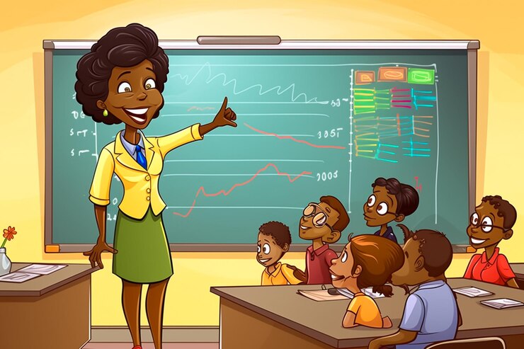 Ilustración de dibujos animados de una feliz maestra africana junto a la pizarra en un aula