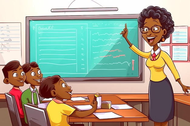 Ilustración de dibujos animados de una feliz maestra africana junto a la pizarra en un aula