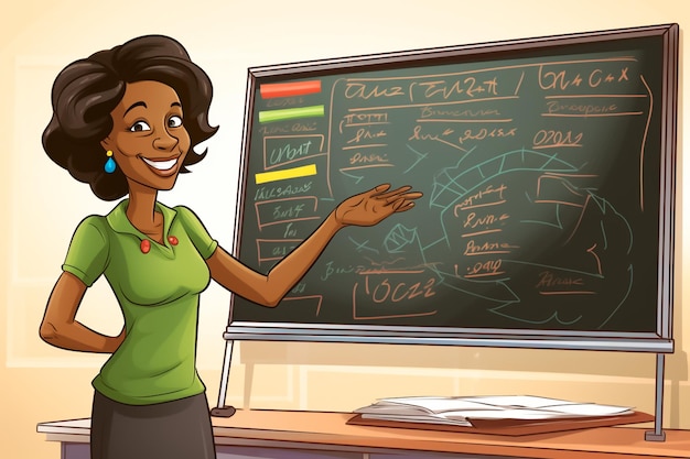 Ilustración de dibujos animados de una feliz maestra africana junto a la pizarra en un aula
