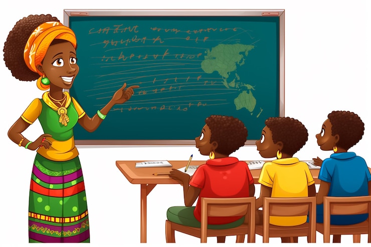 Ilustración de dibujos animados de una feliz maestra africana junto a la pizarra en un aula