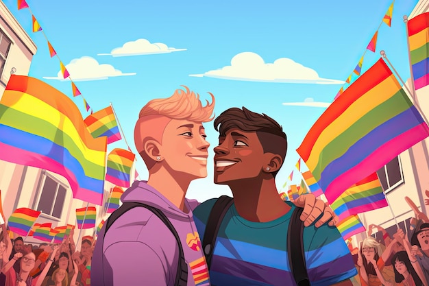 Ilustración de dibujos animados de una feliz pareja gay abrazándose y sonriendo con los colores del arco iris en un festival gay