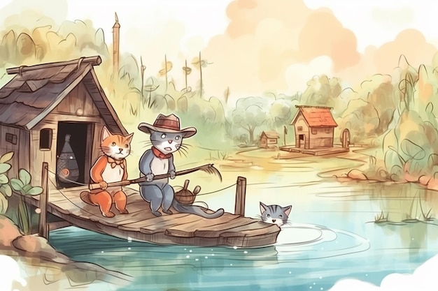 Una ilustración de dibujos animados de un gato y un gato pescando en un bote.