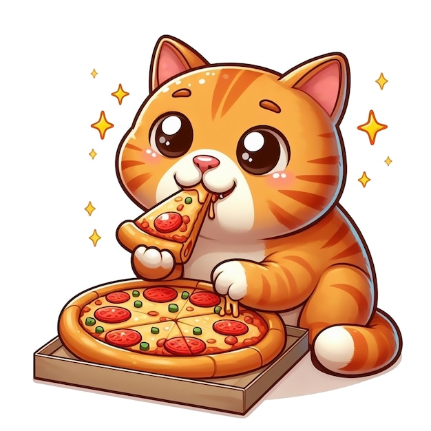 Foto ilustración de dibujos animados de gato lindo comiendo pizza aislada en fondo blanco para imprimir en pegatina