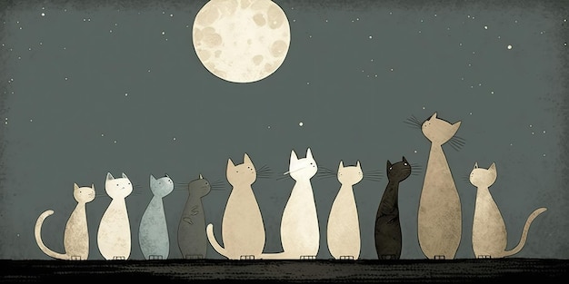 Ilustración de dibujos animados generados por IA de gatos mirando la luna Inspirado por Jon Klassen AI Generative