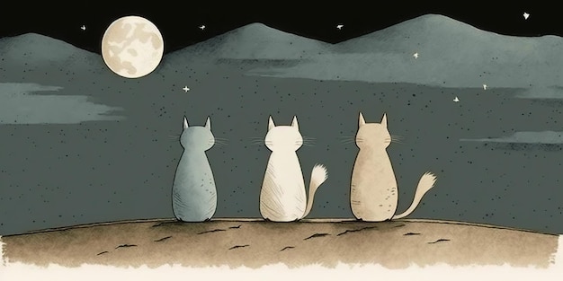 Ilustración de dibujos animados generados por IA de gatos mirando la luna Inspirado por Jon Klassen AI Generative