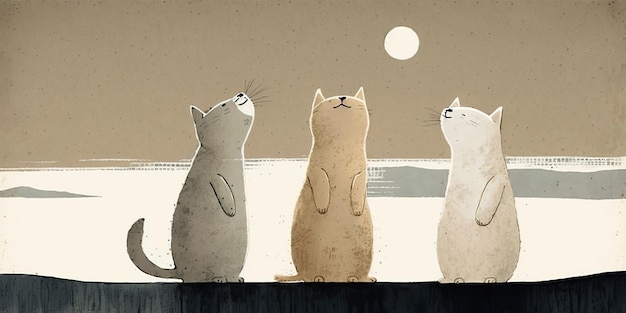 Foto ilustración de dibujos animados generados por ia de gatos mirando la luna inspirado por jon klassen ai generative