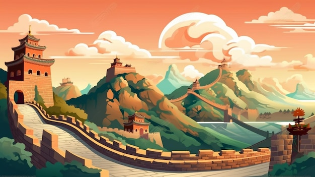 Una ilustración de dibujos animados de una gran muralla china con una montaña en el fondo generativo ai