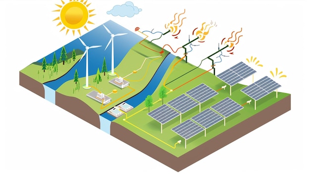 una ilustración de dibujos animados de una granja solar con el sol detrás de ella
