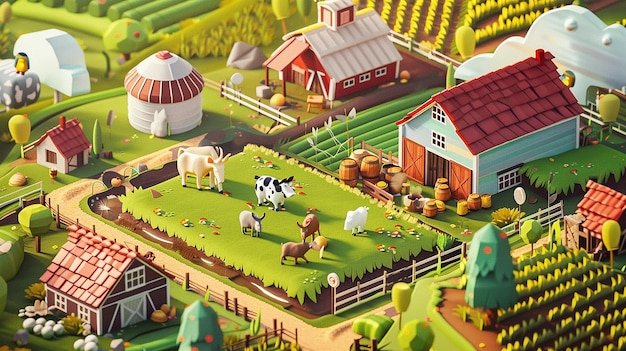 una ilustración de dibujos animados de una granja con una vaca y una vaca en el césped