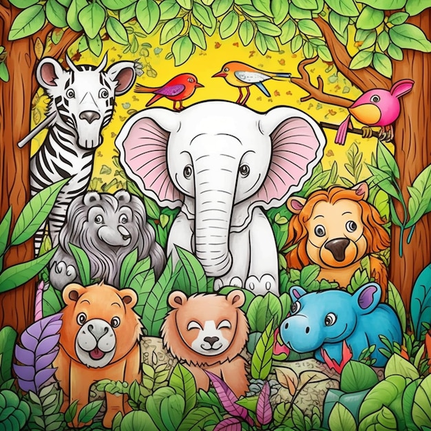 Ilustración de dibujos animados de un grupo de animales salvajes en la jungla generativa ai
