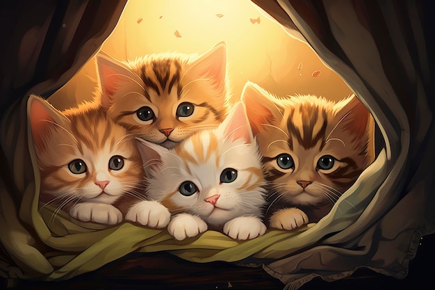 Ilustración de dibujos animados de un grupo de gatito adorable