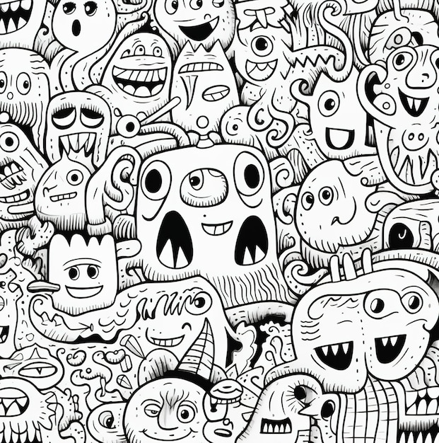 una ilustración de dibujos animados de un grupo de monstruos con caras y rostros.