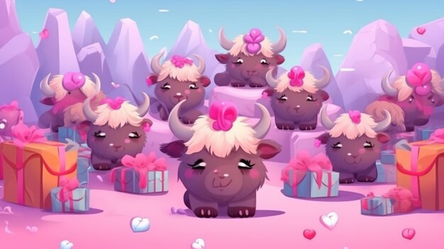 Foto ilustración de dibujos animados de un grupo de yaks con regalos en un paisaje de montaña generativo ai