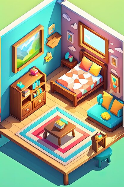 Foto una ilustración de dibujos animados de la habitación de un niño con una cama, una mesa y una cama con una almohada