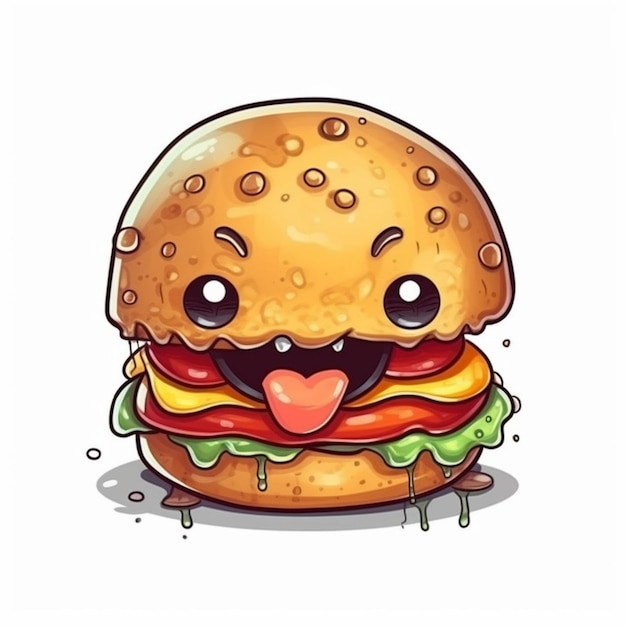 Ilustración de dibujos animados de hamburguesa de queso jugosa en fondo blanco