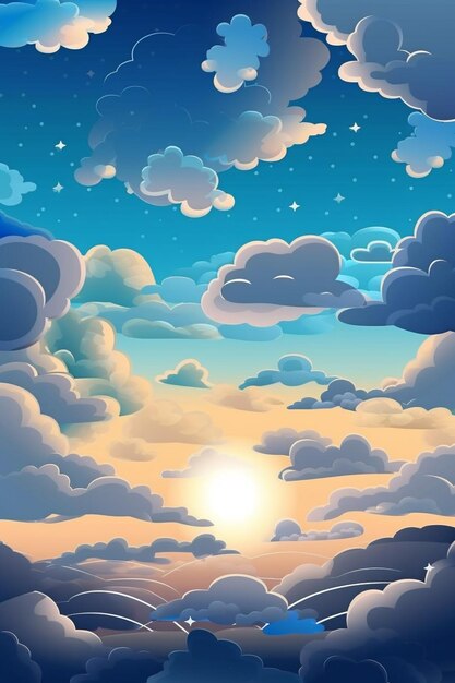 Foto una ilustración de dibujos animados de una hermosa puesta de sol con nubes y estrellas ai generativo