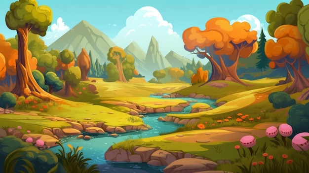 Ilustración de dibujos animados de un hermoso bosque con un río y montañas generativo ai