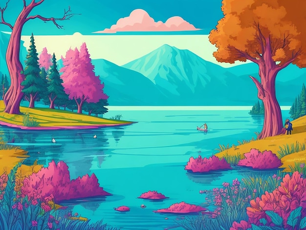 Ilustración de dibujos animados de hermoso lago