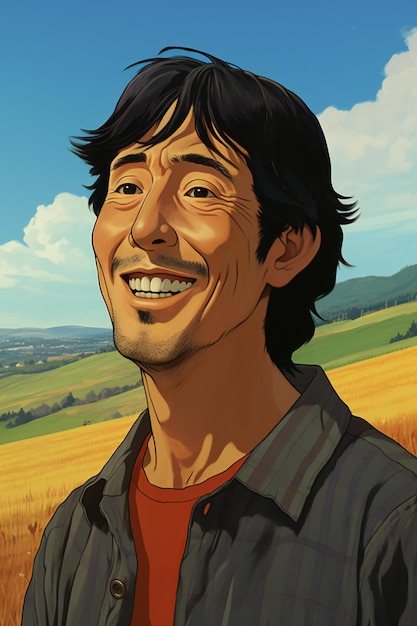 Foto ilustración de dibujos animados de un hombre feliz y sonriente en un campo de trigo mirando a la cámara