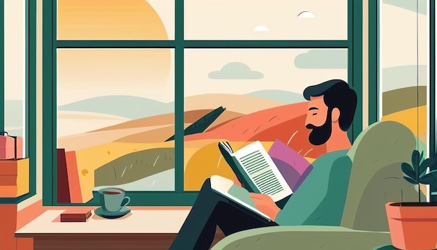 una ilustración de dibujos animados de un hombre leyendo un libro