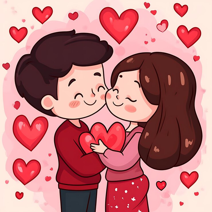 Ilustración de dibujos animados de un hombre y una mujer besándose con corazones en el fondo