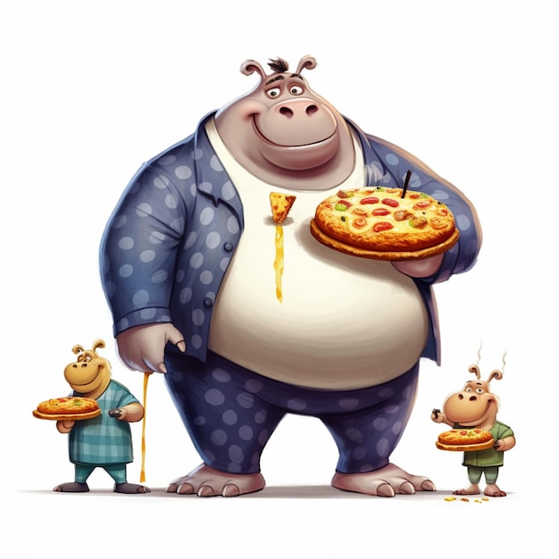 Ilustración de dibujos animados de un hombre sosteniendo una pizza y dos niños pequeños