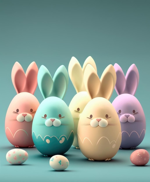 Ilustración de dibujos animados de huevos de pascua con orejas de conejo en colores pastel