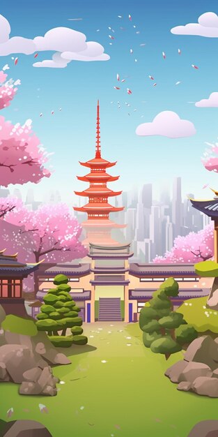 ilustración de dibujos animados de un jardín japonés con una pagoda y un río generativo ai