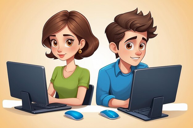 Ilustración de dibujos animados de un joven y una joven pensando o trabajando con la computadora