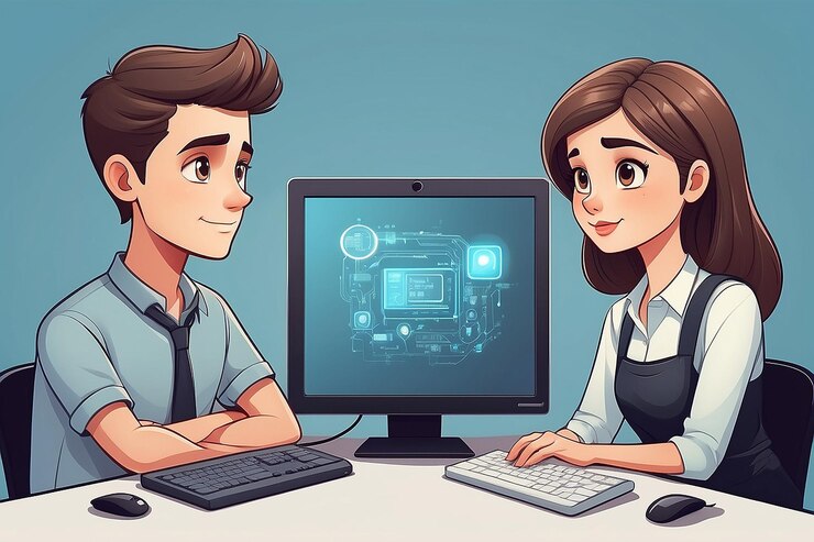 Foto ilustración de dibujos animados de un joven y una joven pensando o trabajando con la computadora