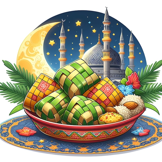 Foto ilustración de dibujos animados de un ketupat en el eid