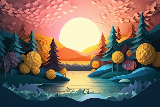 Una ilustración de dibujos animados de un lago con un bosque y una puesta de sol.