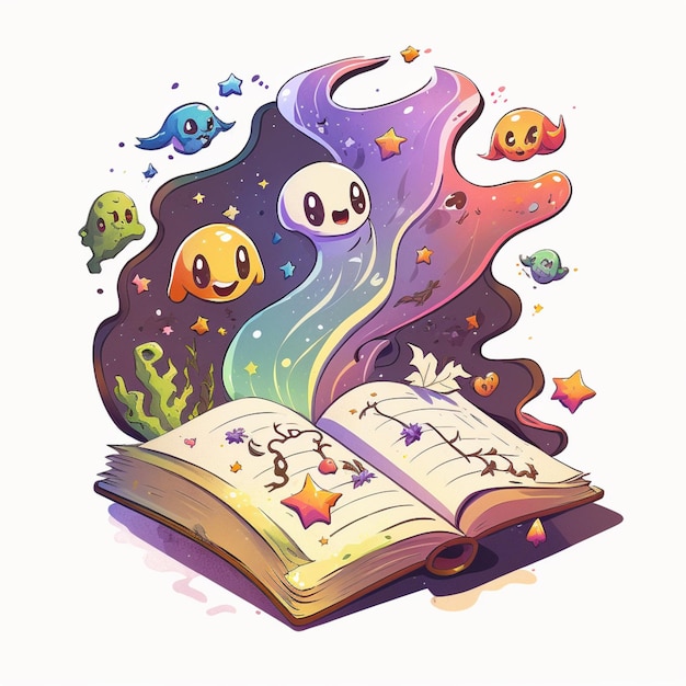 Ilustración de dibujos animados de un libro con un fantasma y otras criaturas volando a su alrededor