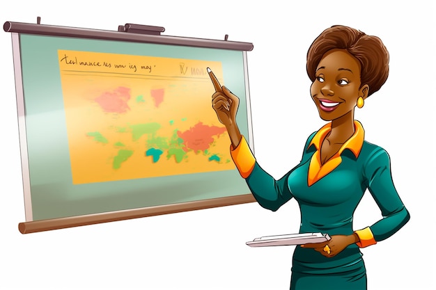 Ilustración de dibujos animados de una maestra africana feliz junto a la pizarra en un salón de clases