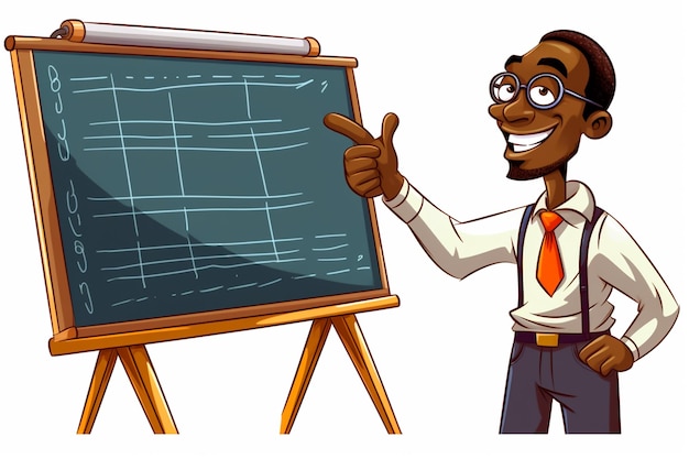 Ilustración de dibujos animados de un maestro africano feliz junto a la pizarra en un salón de clases