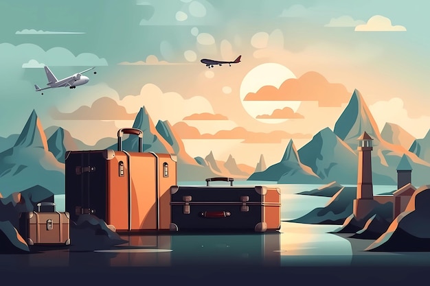 Una ilustración de dibujos animados de maletas y un avión volando sobre las montañas.