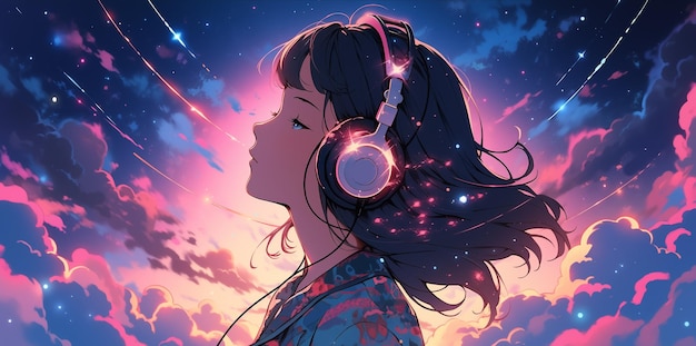 Ilustración de dibujos animados a mano de una chica escuchando música con auriculares bajo el cielo estrellado