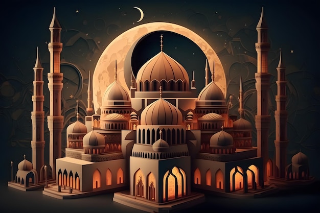 Una ilustración de dibujos animados de una mezquita con luna y estrellas.