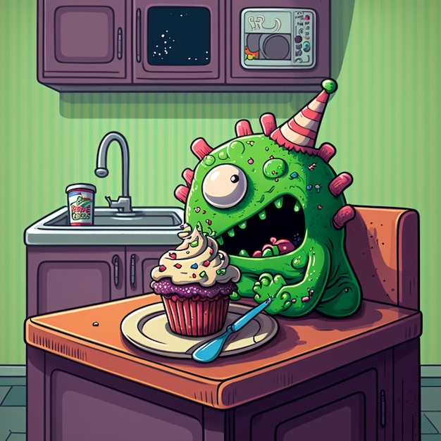 Ilustración de dibujos animados de un monstruo comiendo un pastel en una cocina generativa ai
