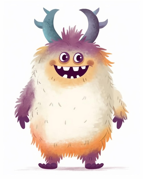 Ilustración de dibujos animados de un monstruo peludo con cuernos y un ai generativo de cabeza con cuernos