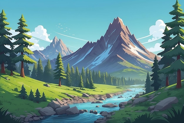 Una ilustración de dibujos animados de una montaña con árboles y un río generativo ai