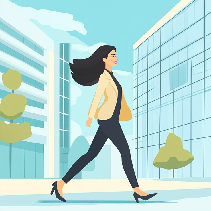 una ilustración de dibujos animados de una mujer caminando frente a un edificio con árboles y edificios