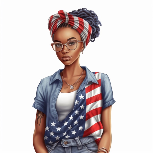 Ilustración de dibujos animados de una mujer con gafas y una camisa de bandera generativa ai