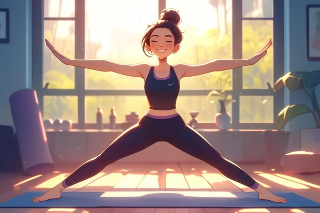 Ilustración de dibujos animados de una mujer haciendo yoga en una habitación con una ventana generativa ai