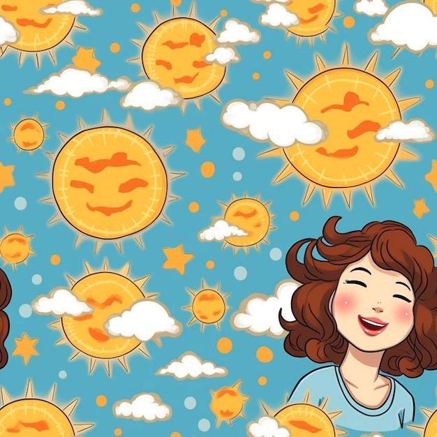 Ilustración de dibujos animados de una mujer con un sol y nubes en el fondo